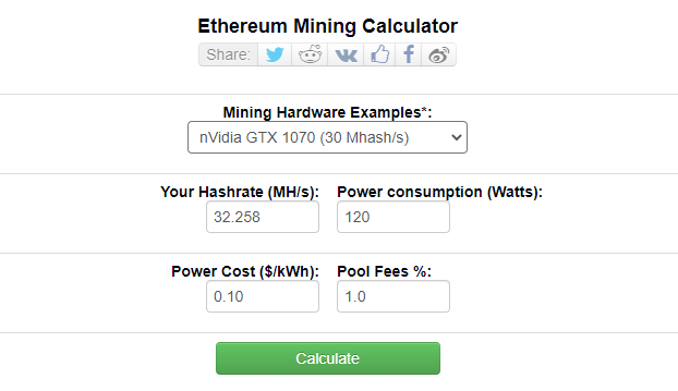 Ethereum (ETH) mining profitability calculator