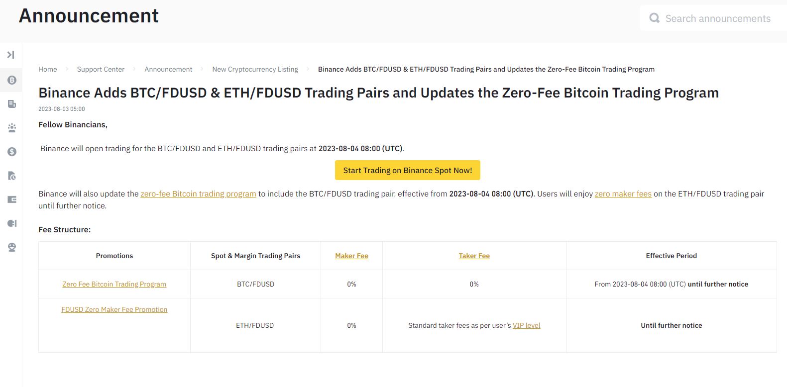 Binance Boosts First Digital's FDUSD Stablecoin With Zero-Fee Bitcoin (BTC) and Ether (ETH) Trading