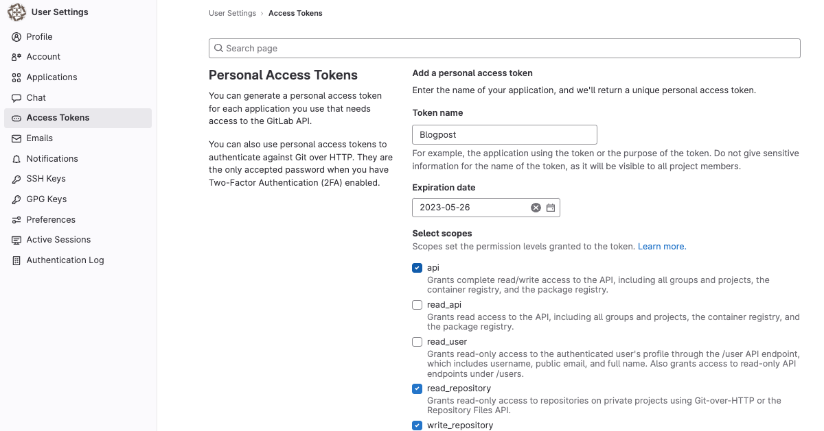 Personal Access Token (Software Engineering Services (GitLab)) - IT Center Help