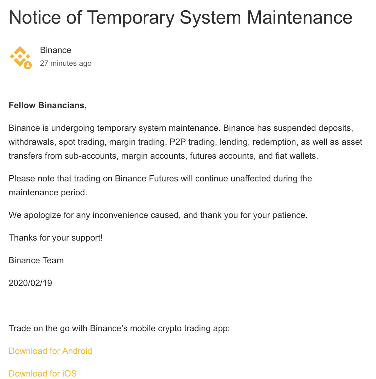 Binance System Maintenance Extended till UTC, All Funds are SAFU - Ethereum World News