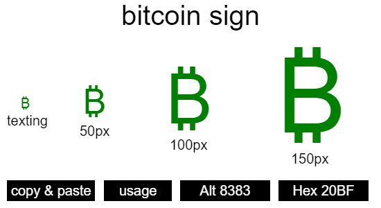 ₿ - Bitcoin Sign, Unicode Number: U+20BF 📖 Symbol Meaning ✂ Copy & 📋 Paste (◕‿◕) SYMBL