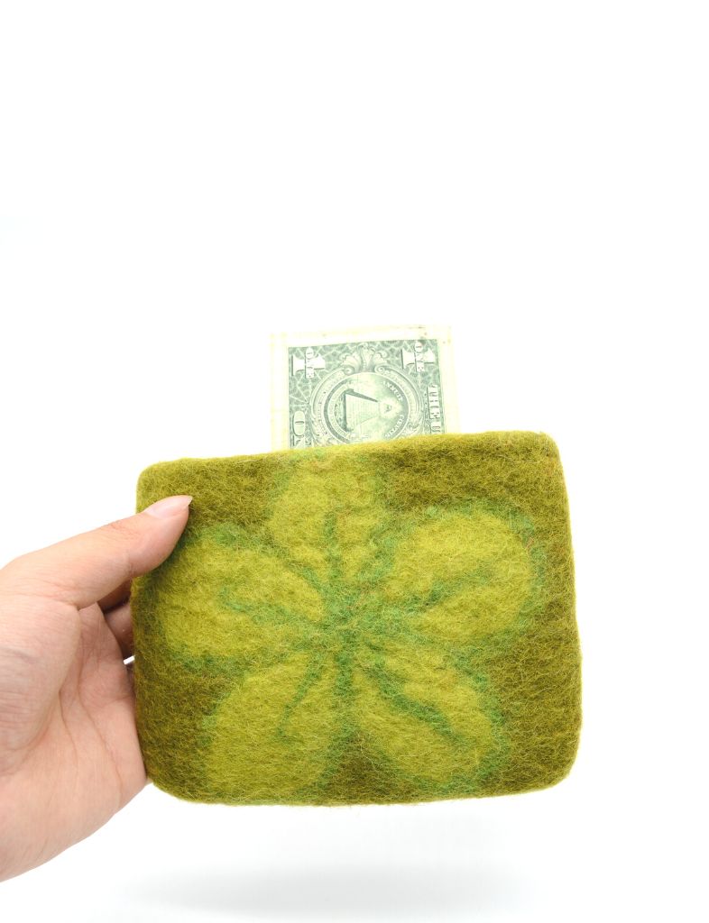 Needle Felted Diamond Stitch Coin Purse from Nepal - Lime Green