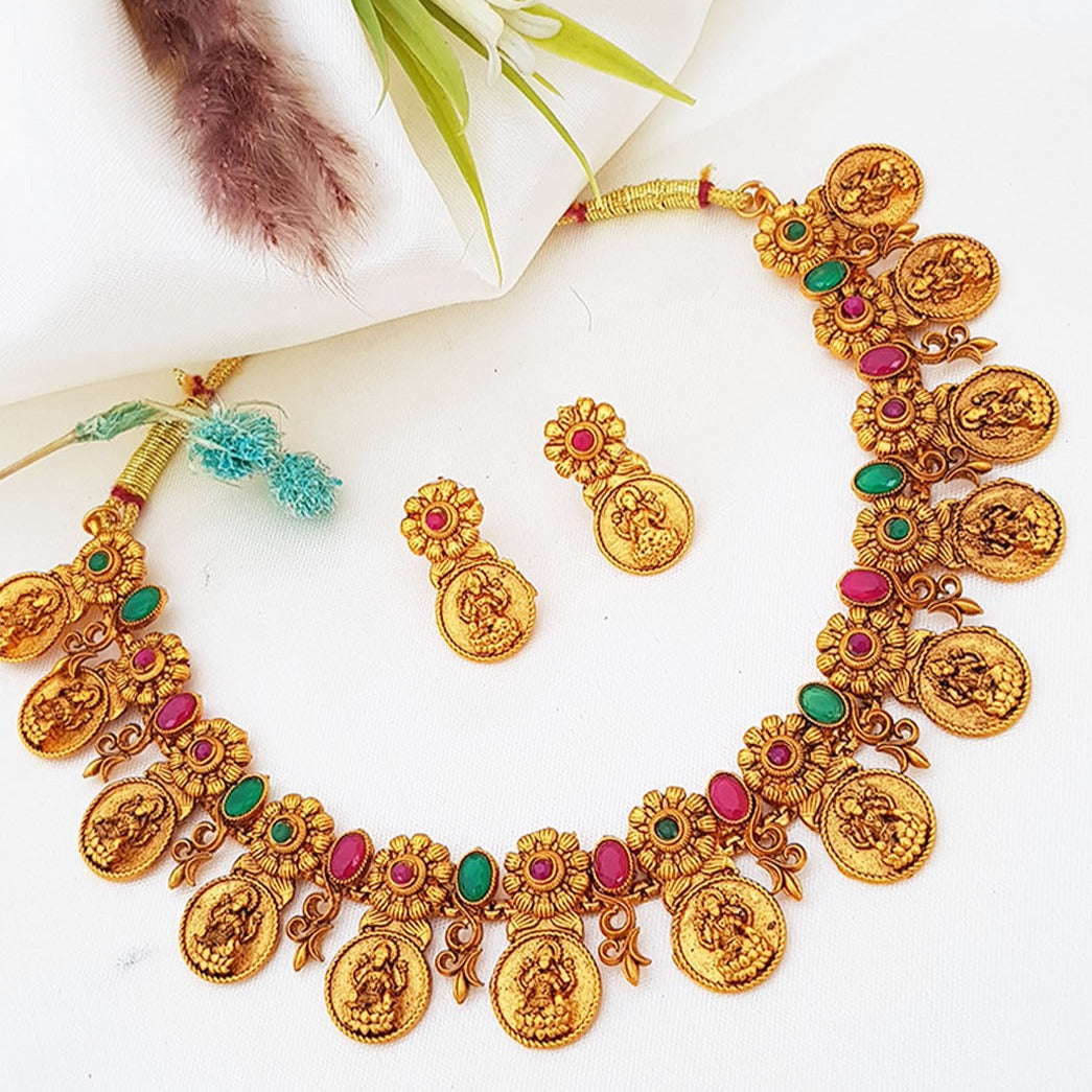 Graceful Gold Tone Lakshmi Coin Design Necklace - Little Fingers India