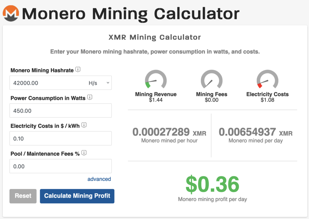 Monero Mining Calculator